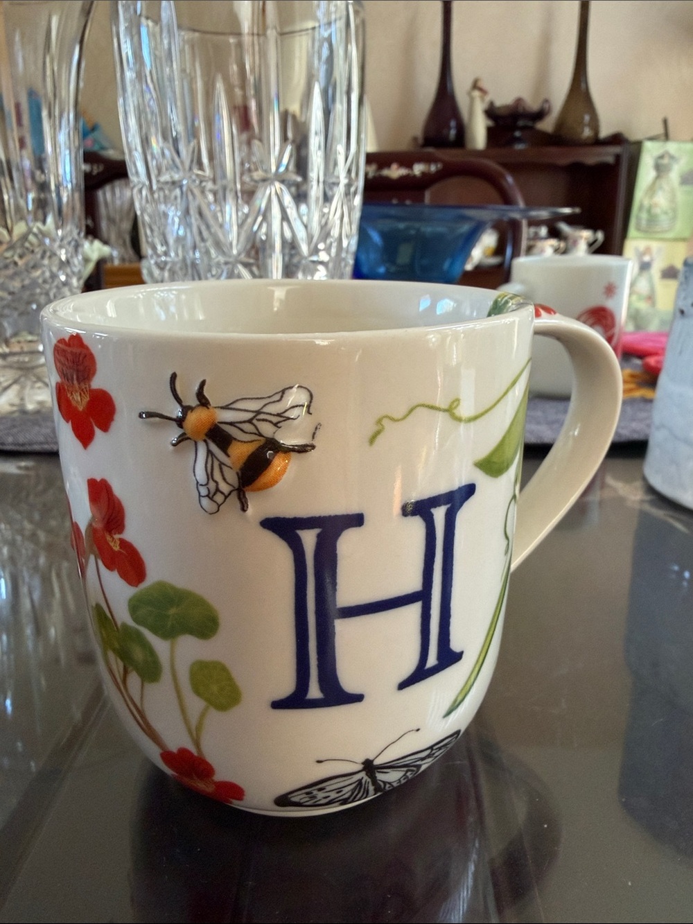 Anthropologie Monogram H Floral Bee Mug